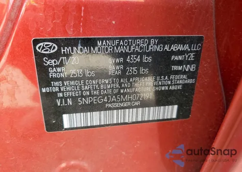 2021 Hyundai Sonata Se из США, поврежденный, VIN 5NPEG4JA5MH072191